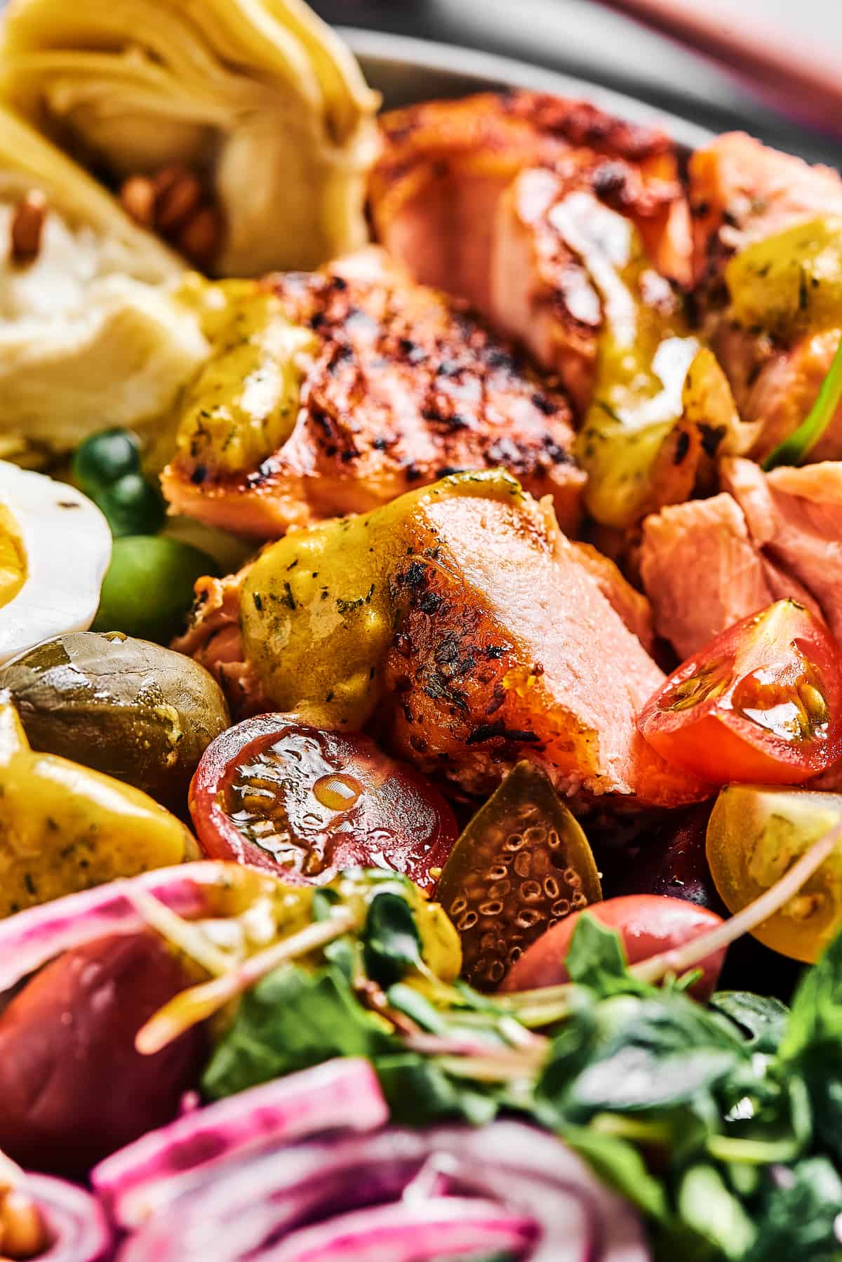 Close-up shot of a grilled salmon salad.