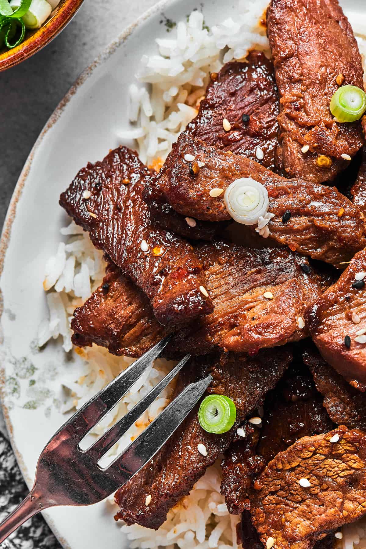 Close-up shot of beef bulgogi on a plate, with white rice and a fork.