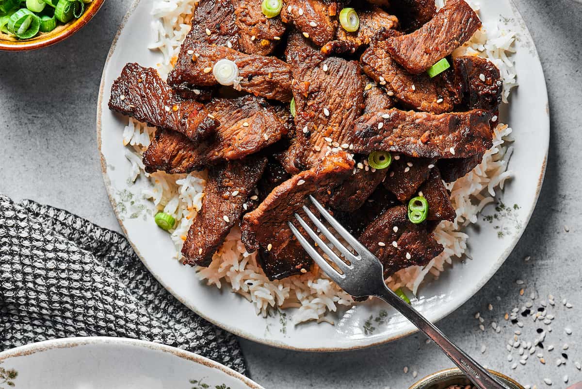 A serving of Korean beef over rice.