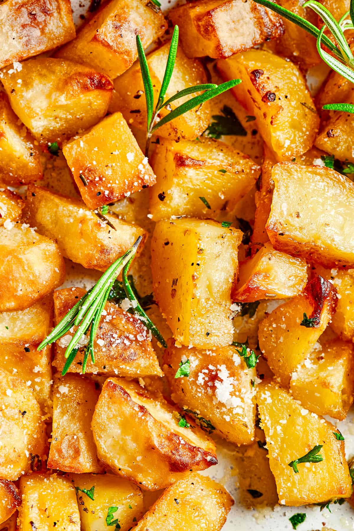 close up shot of oven roasted potatoes garnished with rosemary leaves and grated cheese.