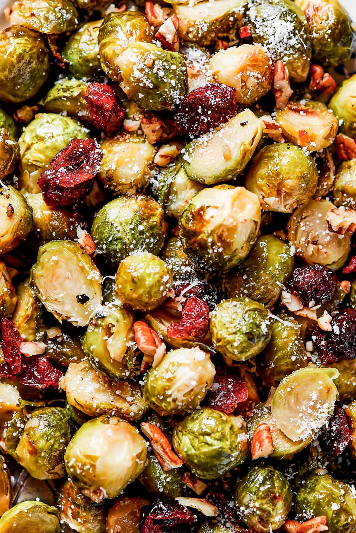 Close-up shot of glazed brussel sprouts with cranberries and pecans.