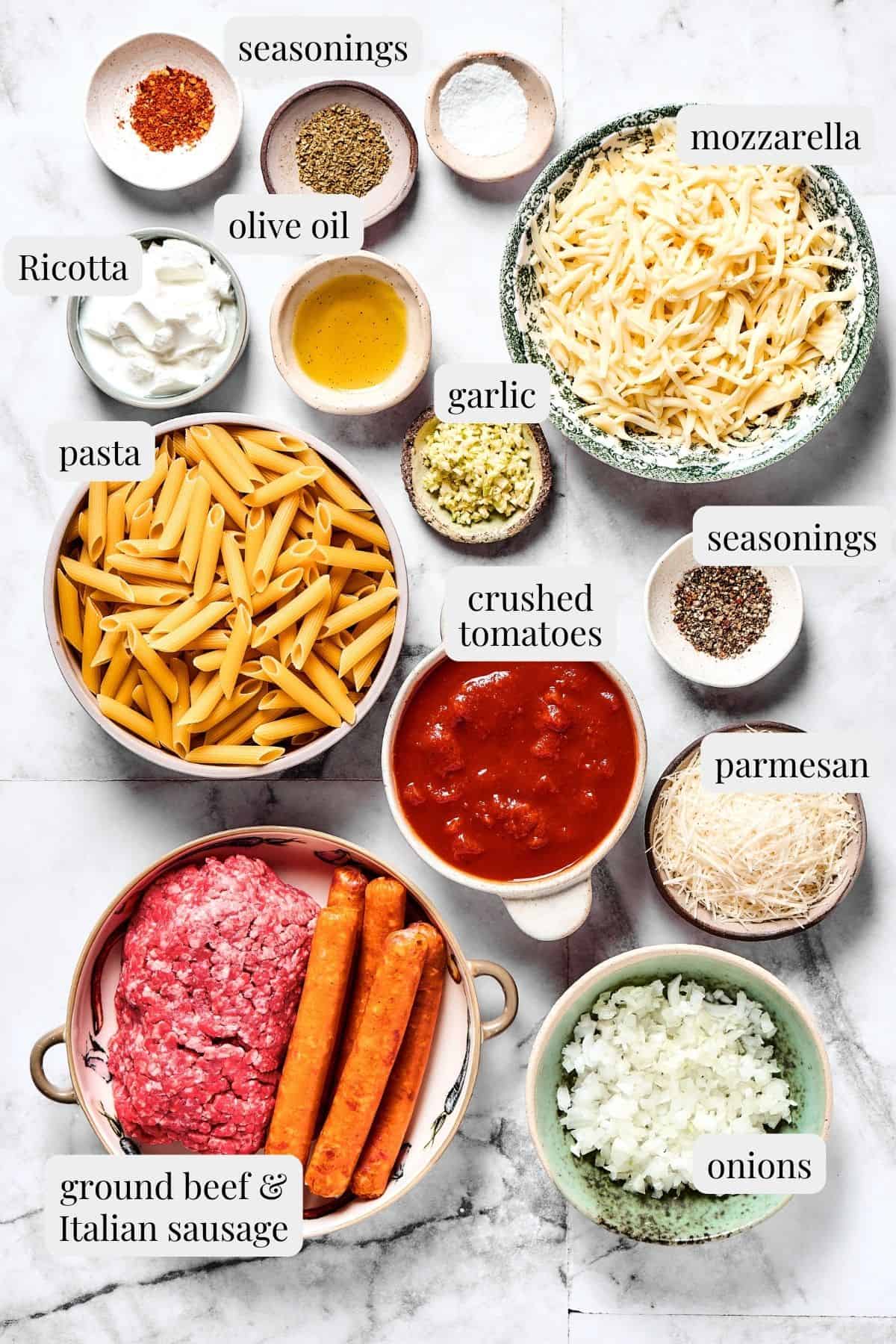 Overhead photo of all the ingredients for mostaccioli.
