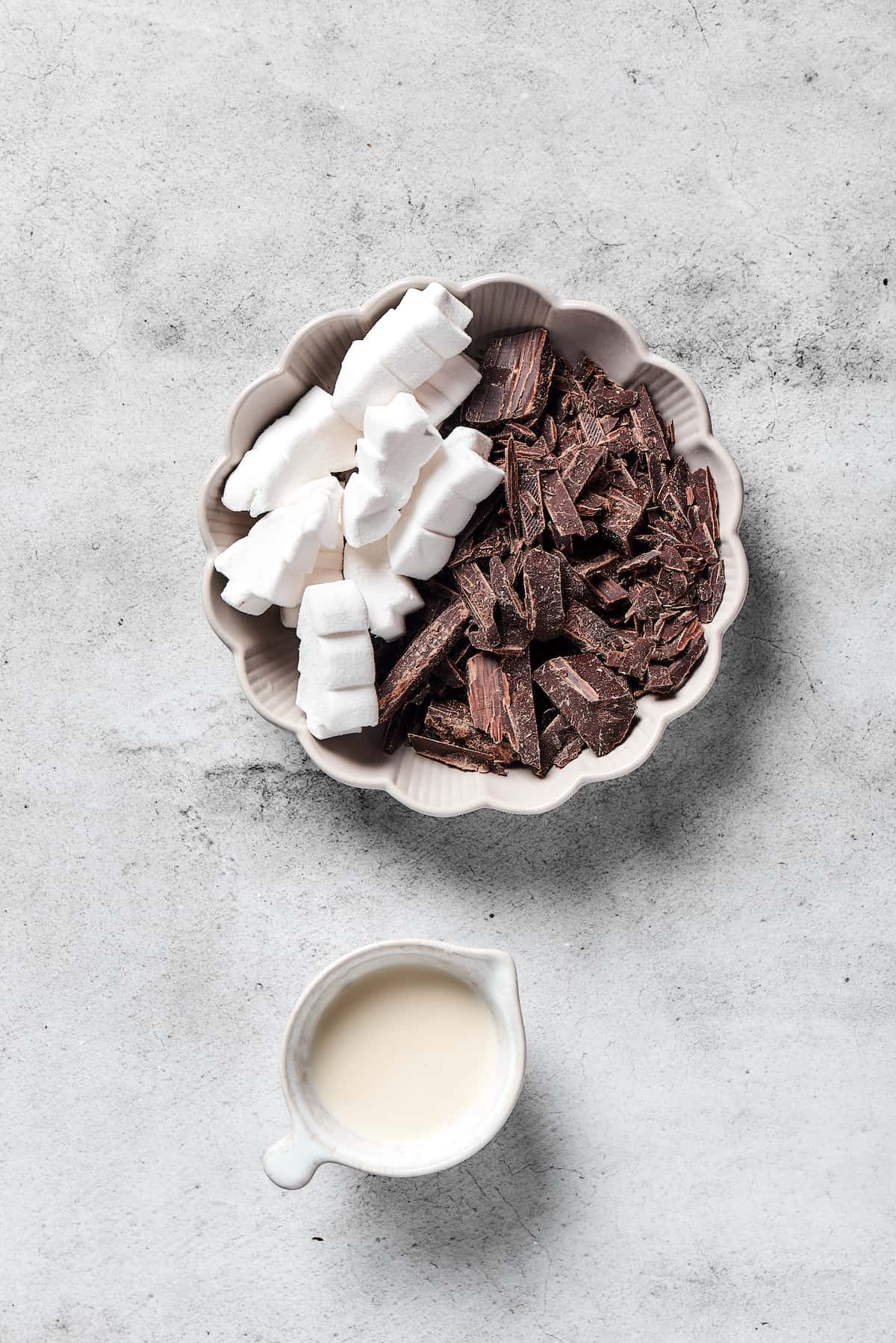 Dark chocolate, marshmallows, and heavy cream.