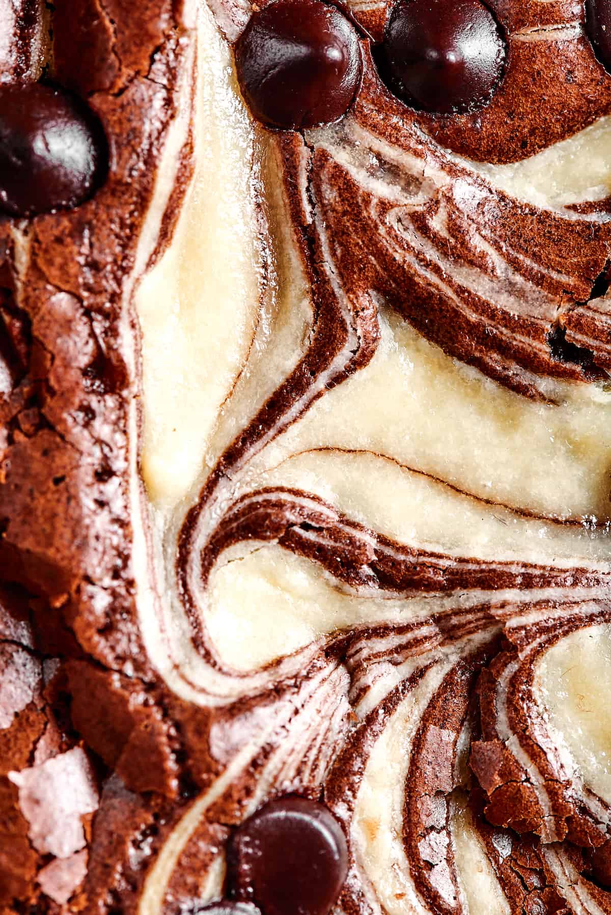 Close-up shot of a brownie swirled with cream cheese filling.