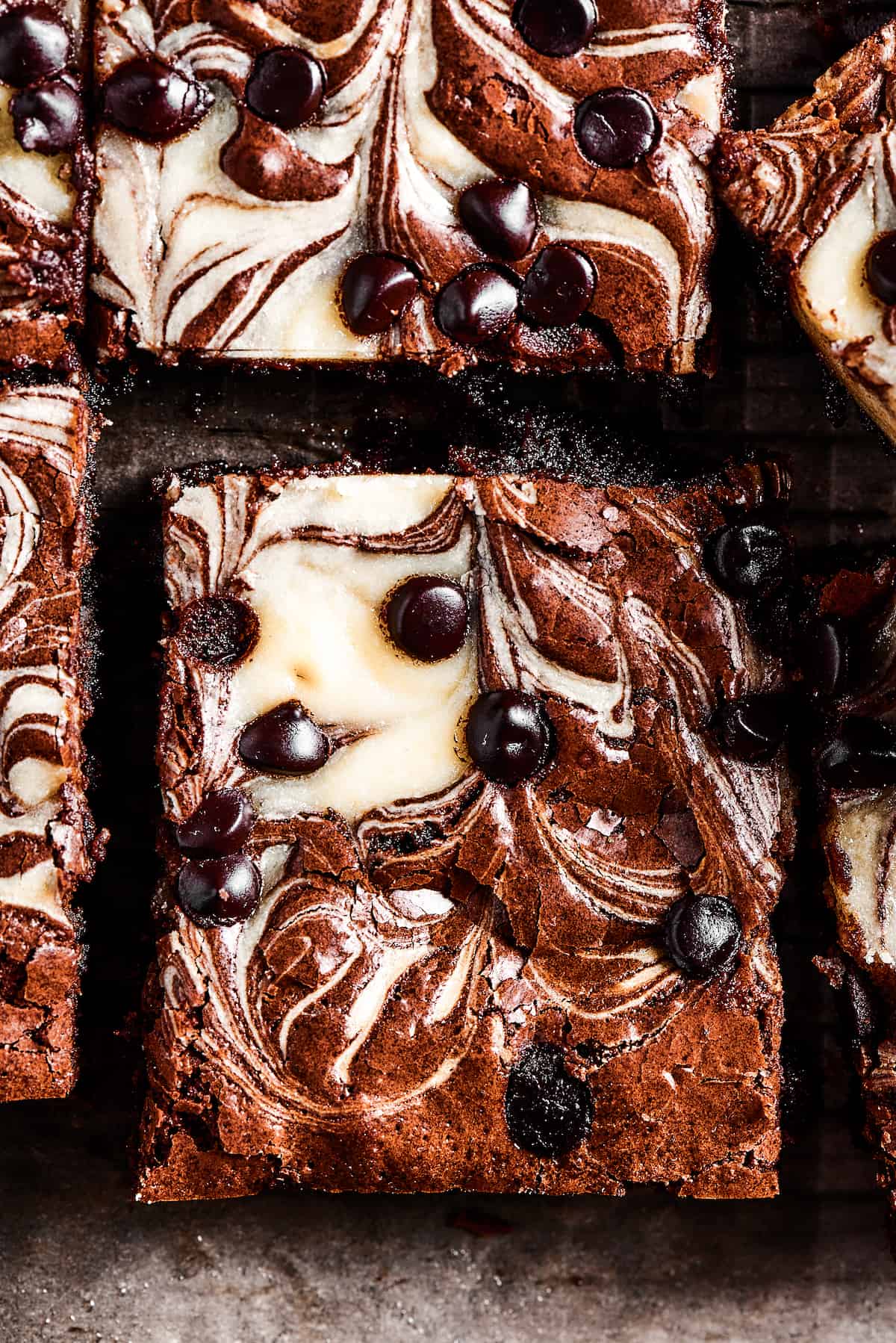 Close-up shot of a cream cheese swirl brownie dotted with chocolate chips.