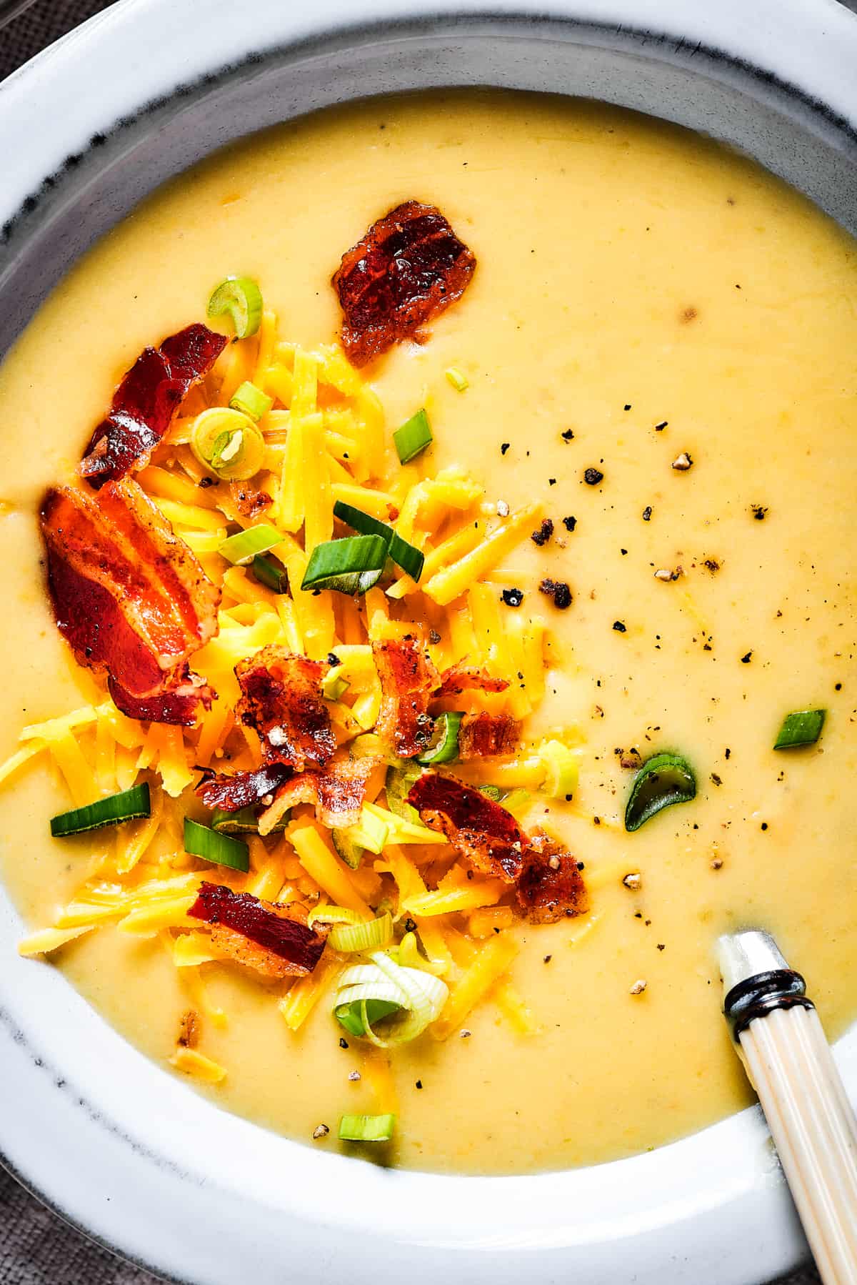 Close-up shot of bacon, green onions, and cheese sprinkled into a bowl of creamy soup.