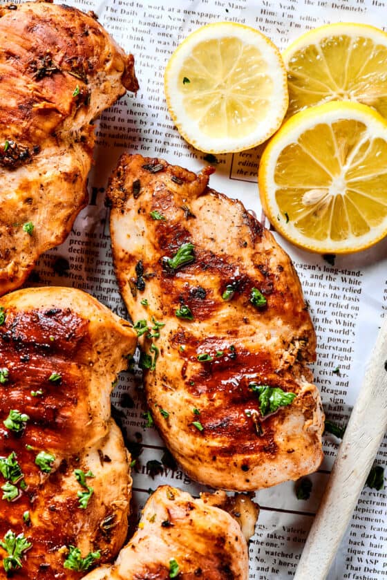 Close-up shot of grilled chicken breast.