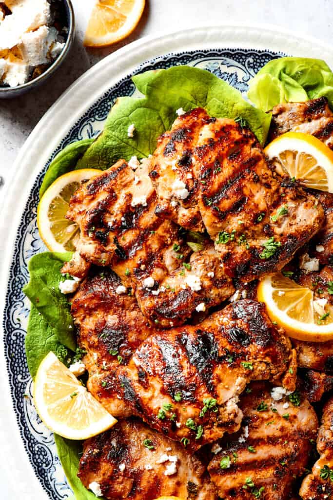 A platter of yogurt marinated chicken with grill marks.