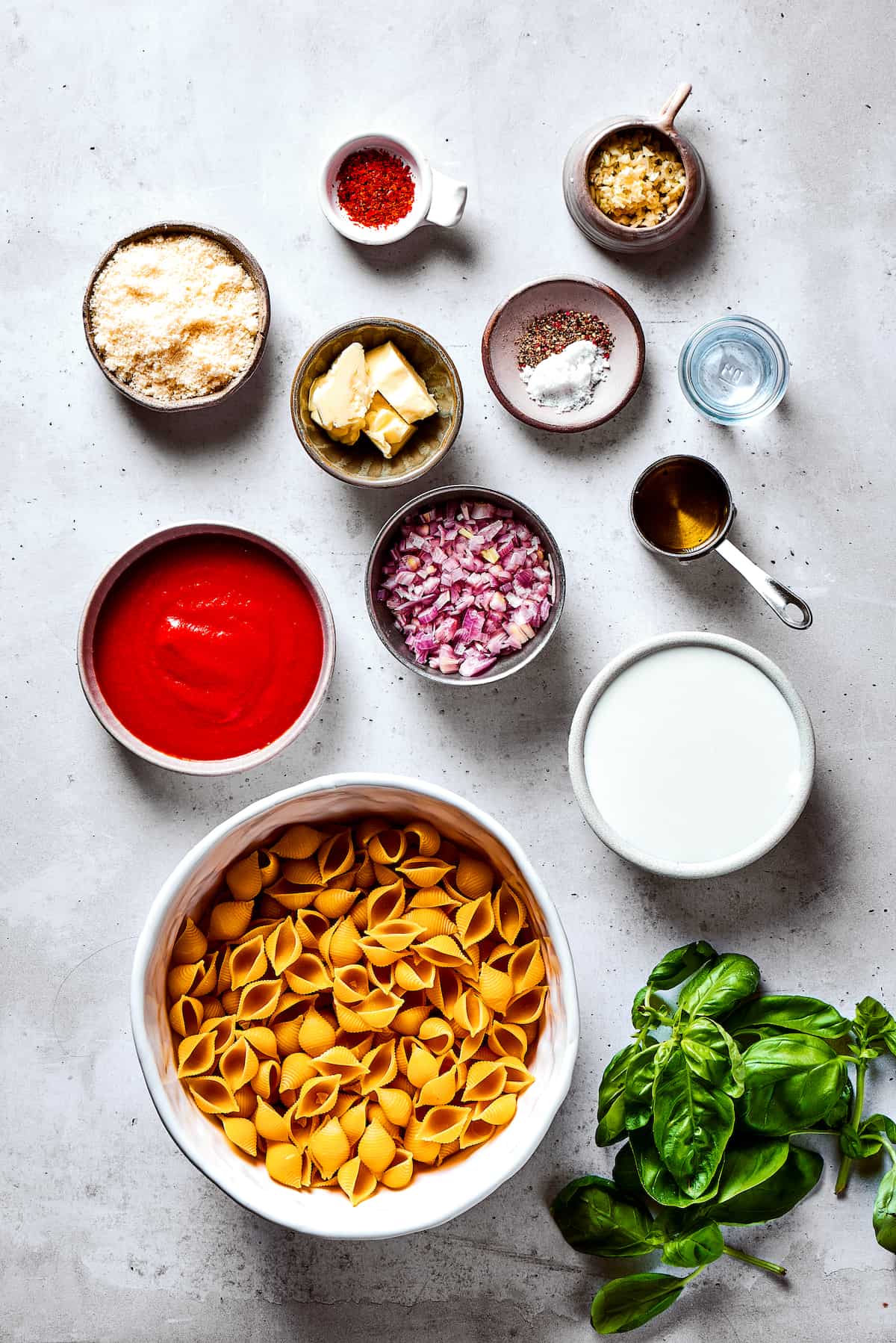 Gigi Hadid pasta ingredients measured and arranged on a work surface.