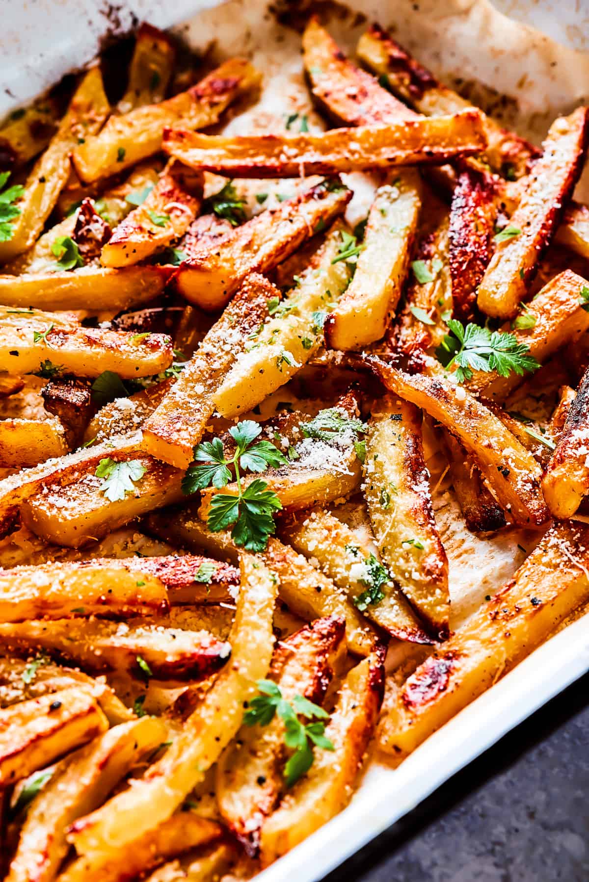 A tray of homemade garlic butter fries.