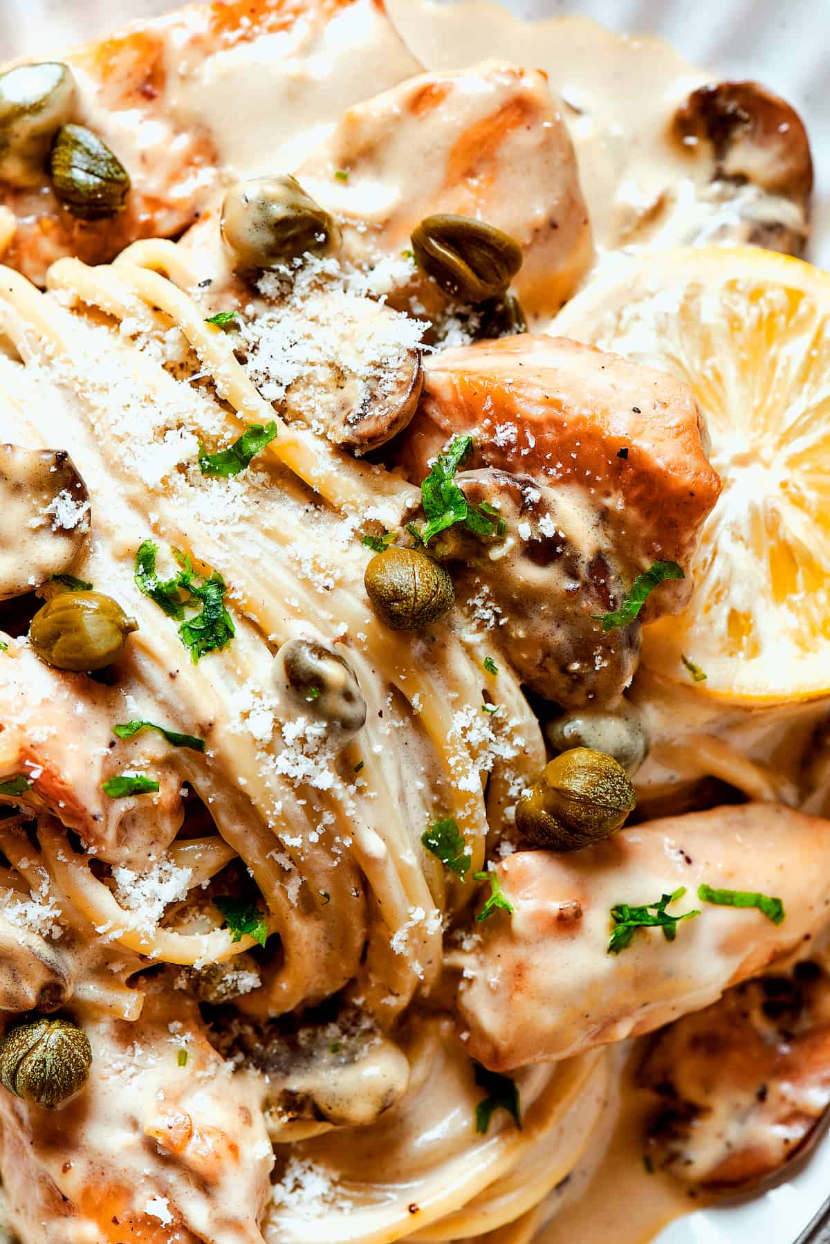 Close-up shot of creamy pasta with capers, lemon, and chicken piccata.