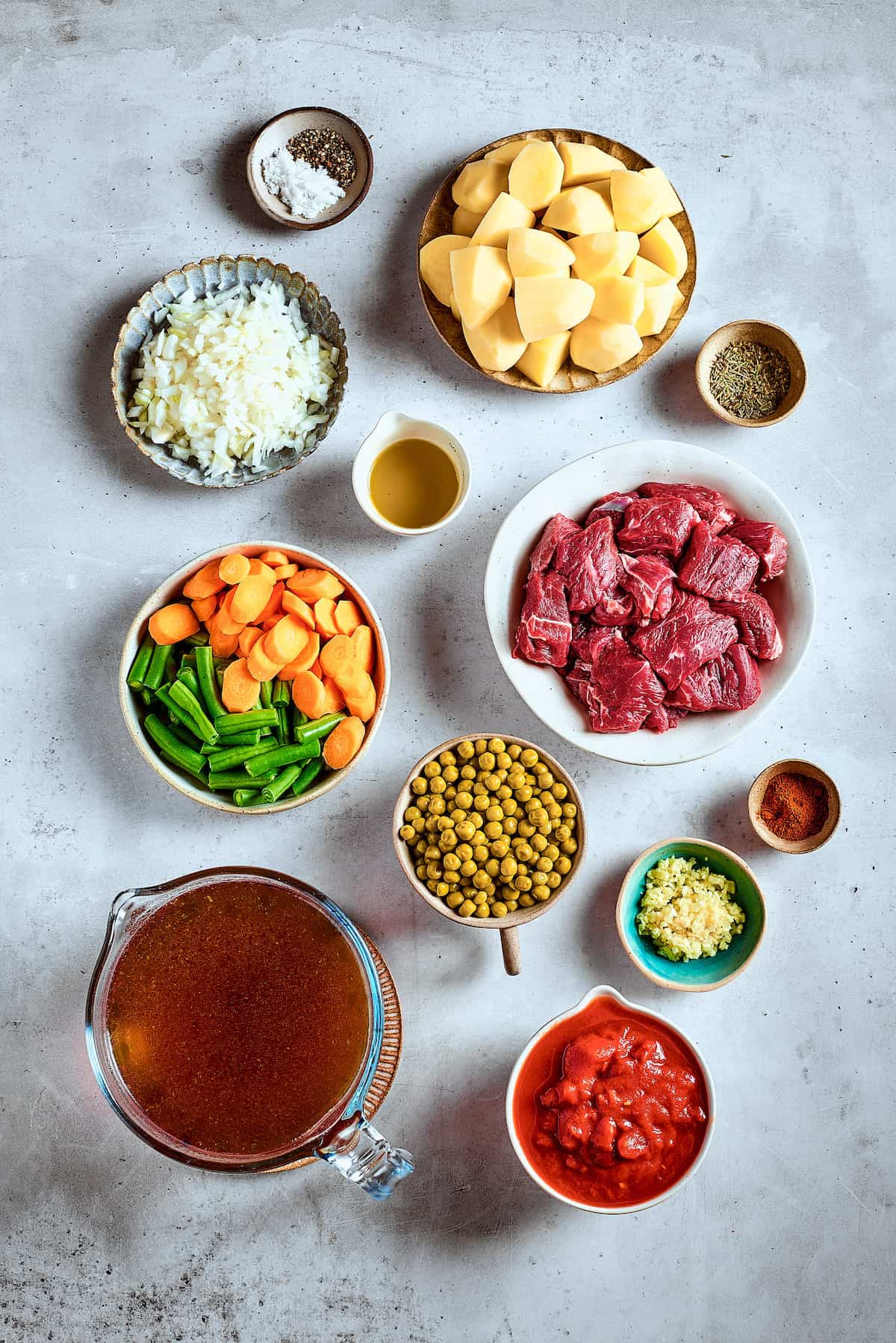 Ingredients for Mulligan stew arranged on a table.