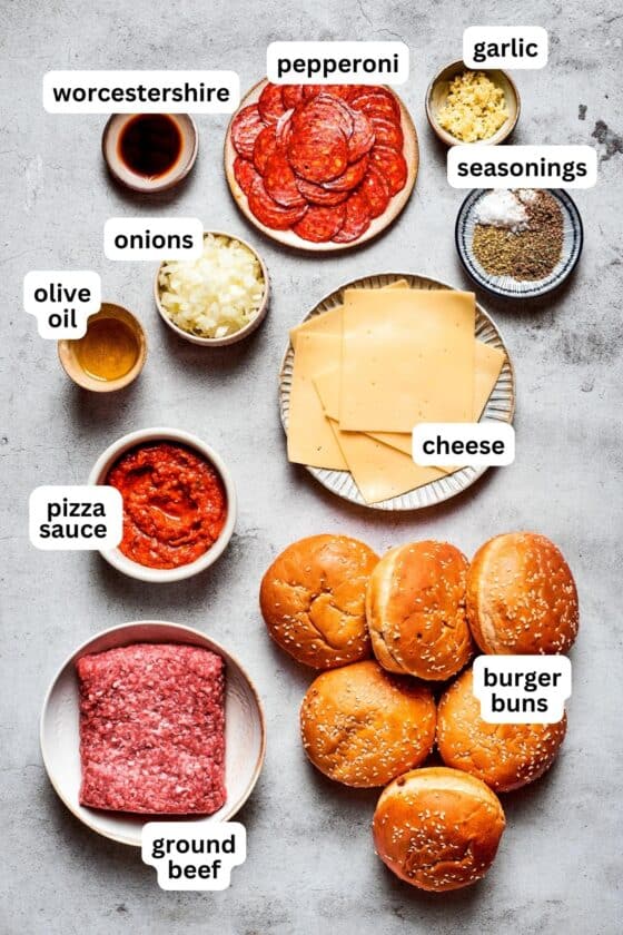 Overhead image of Pizza burger ingredients, labeled.