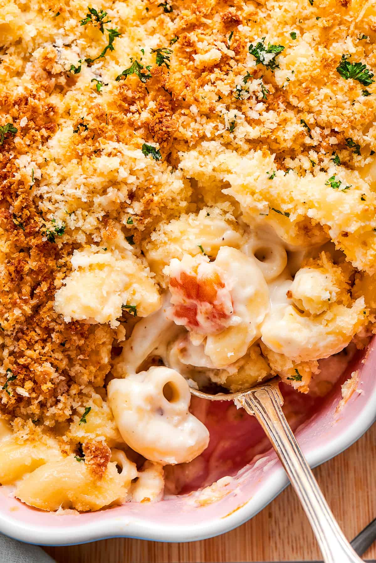 Close up of a spoonful of seafood mac and cheese
