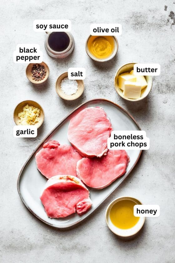 Overhead view of all the ingredients used to make honey garlic pork chops.