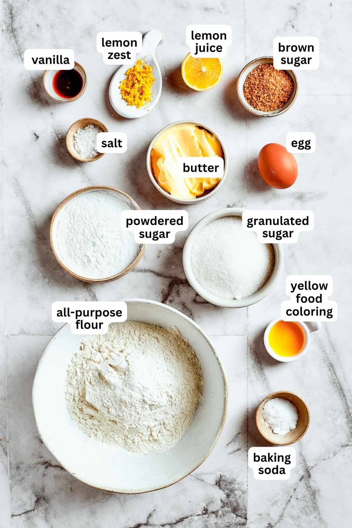 Aerial view of all the ingredients used to make lemon cookies.