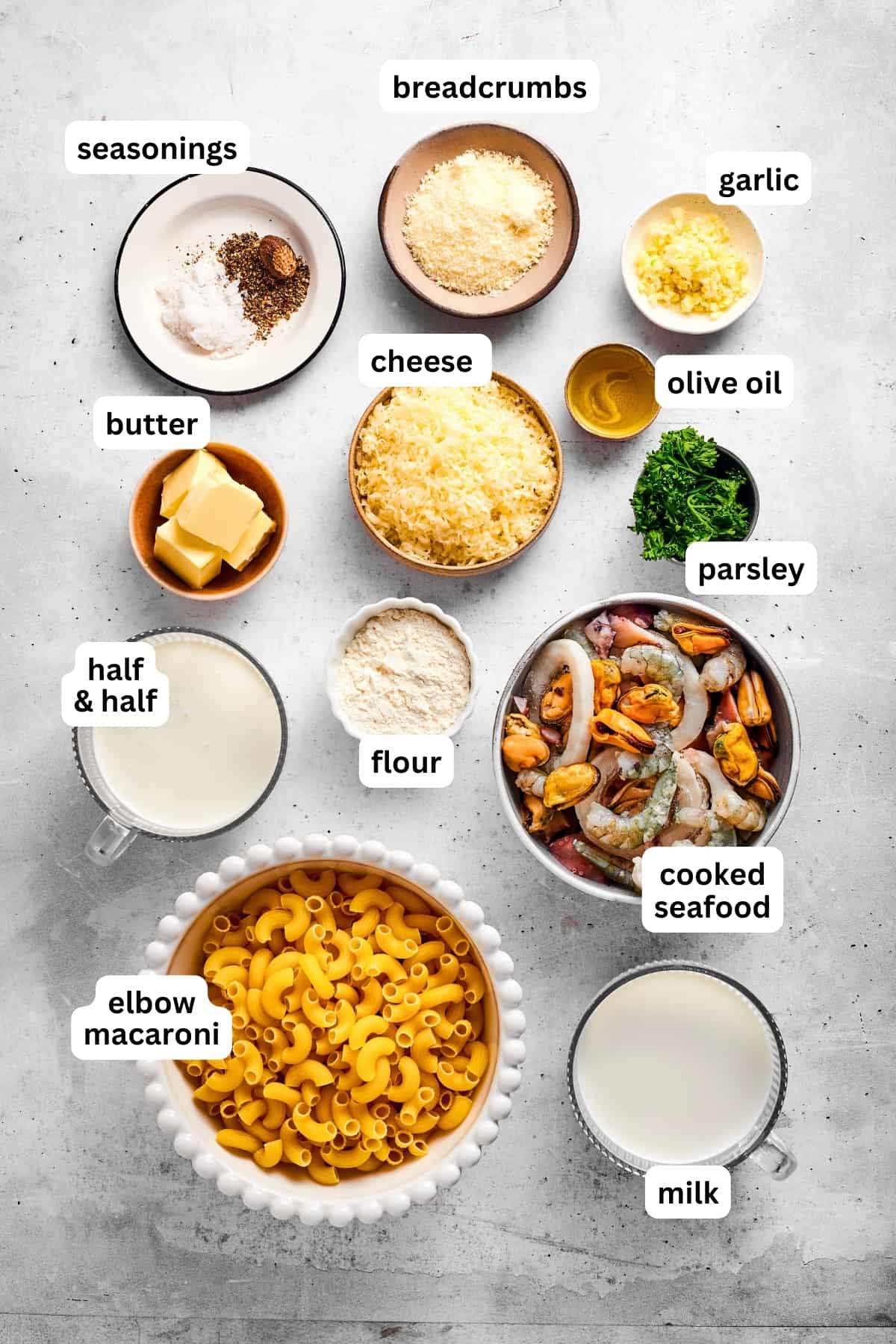 Overhead view of all the ingredients used for seafood mac and cheese.