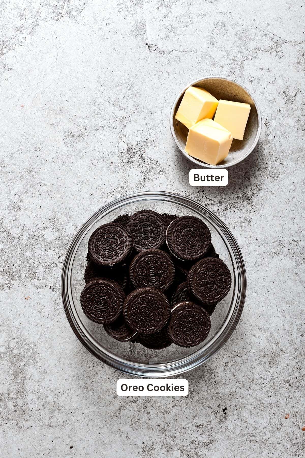 The ingredients for French silk pie crust are shown: butter and Oreo cookies.