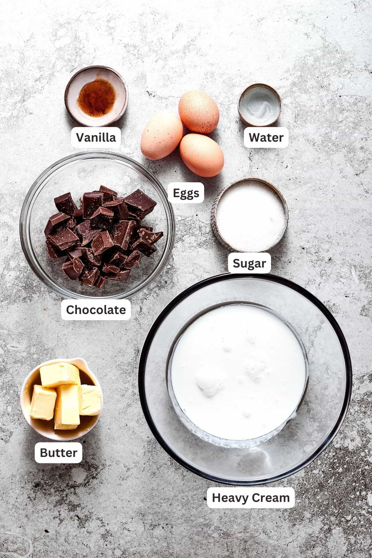 The filling ingredients for French silk pie are shown: chocolate, eggs, vanilla, cream, water, sugar, butter.