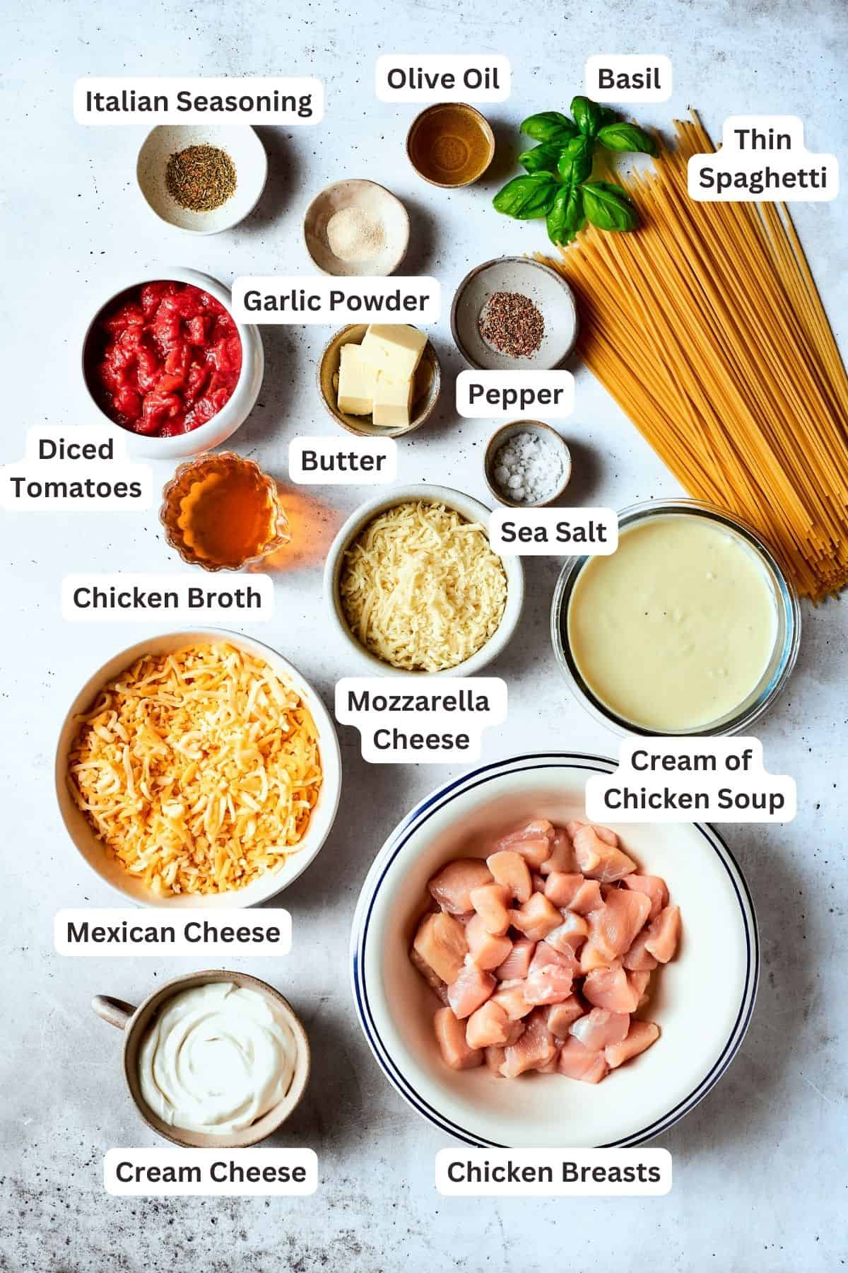 Ingredients needed for cheesy chicken spaghetti are shown portioned out: spaghetti, chicken, tomatoes, mozzarella cheese, Mexican cheese blend, cream of chicken soup, salt and pepper, broth, butter, garlic and onion powders, cream cheese.