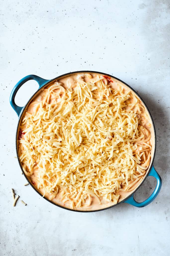 Mozzarella cheese is scattered over the pot of pasta and chicken.