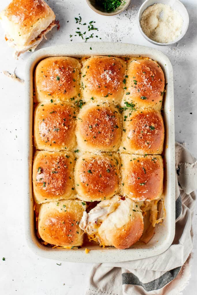 A pan of chicken bacon ranch sliders on a table.