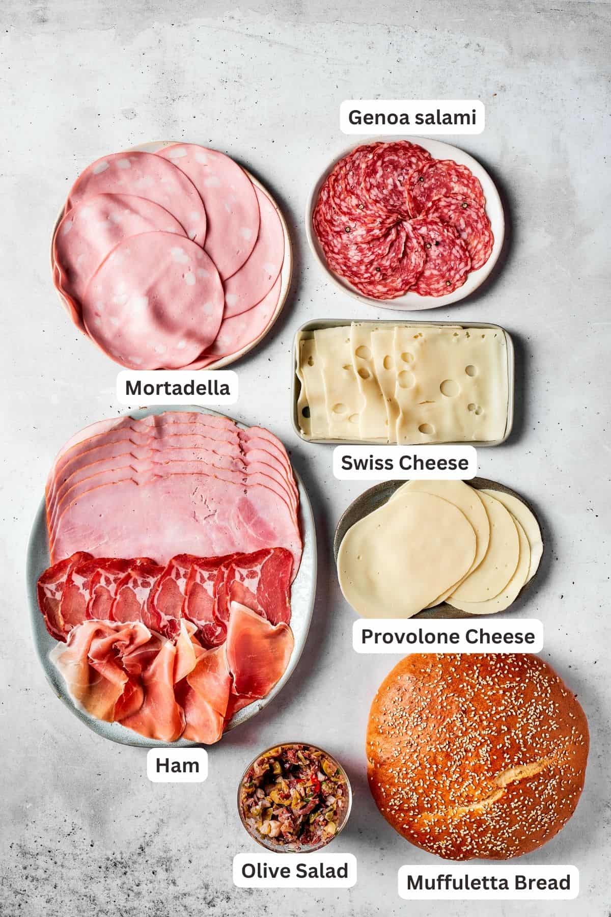 Muffaletta sandwich ingredients are shown: mortadella, salami, ham, proscitto, Swiss cheese, Provolone cheese, olive salad.