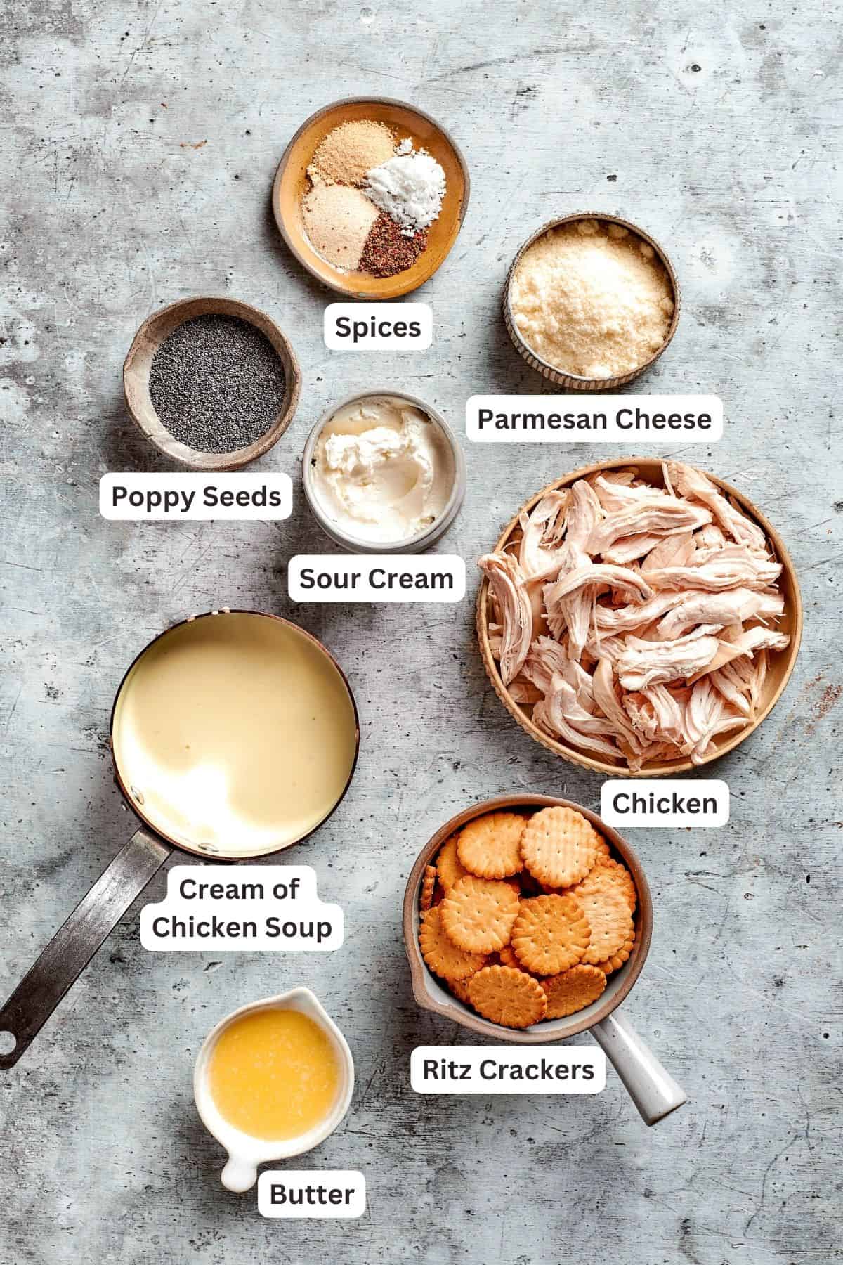 The ingredients for poppy seed chicken are shown: poppy seeds, parmesan cheese, chicken, sour cream, spices, cream of chicken soup, Ritz crackers, butter.