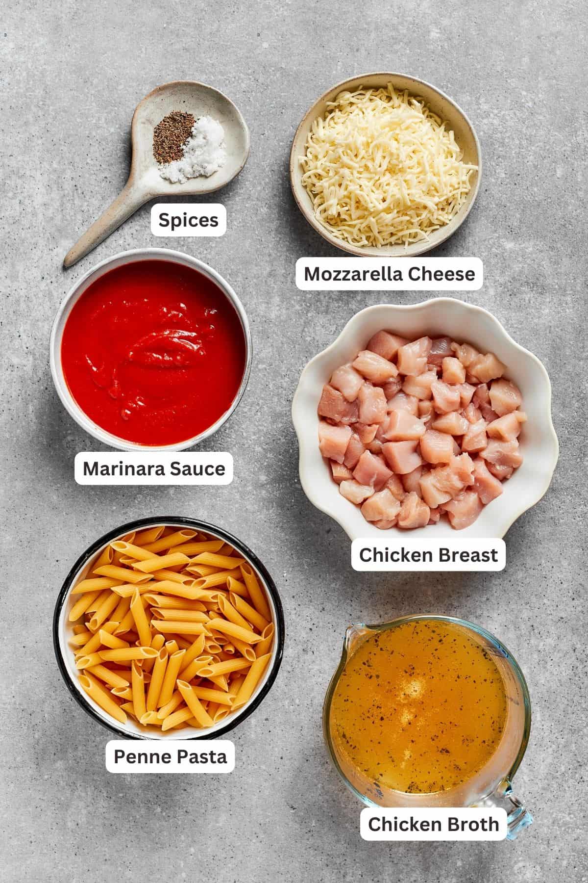 Ingredients for chicken parmesan casserole are shown: pasta, sauce, chicken, mozzarella, spices, chicken broth.