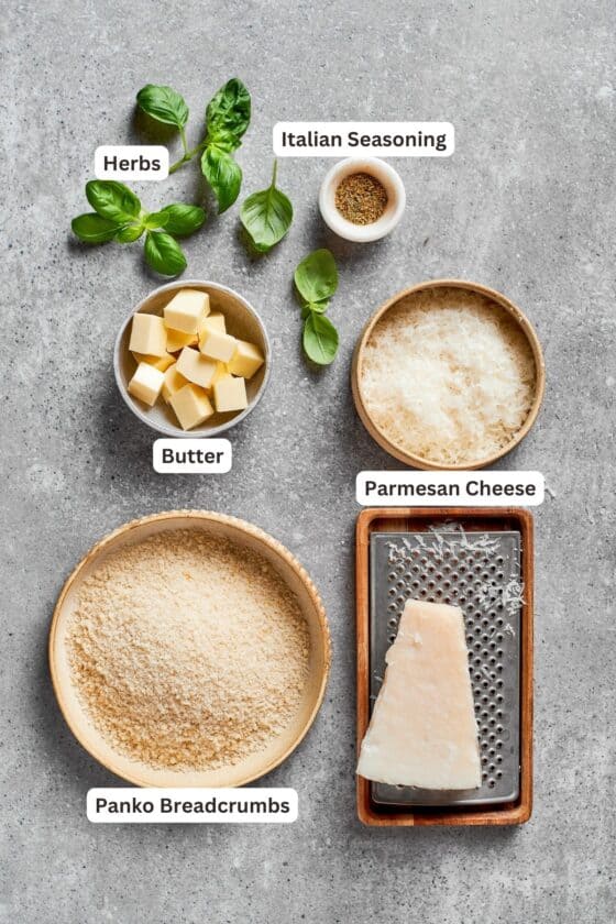 Topping ingredients are shown: butter, basil, spices, parmesan, breadcrumbs.