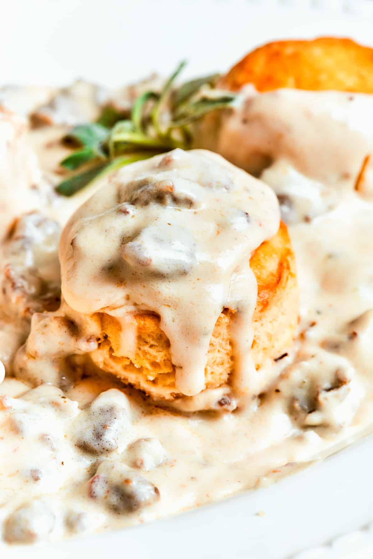 Sausage gravy poured over biscuits.
