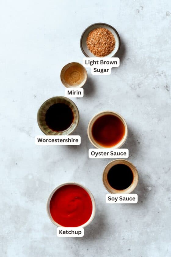 Ingredients for tonkatsu sauce are shown portioned out and labeled: oyster sauce, soy sauce, mirin, Worcestershire sauce, brown sugar, ketchup.