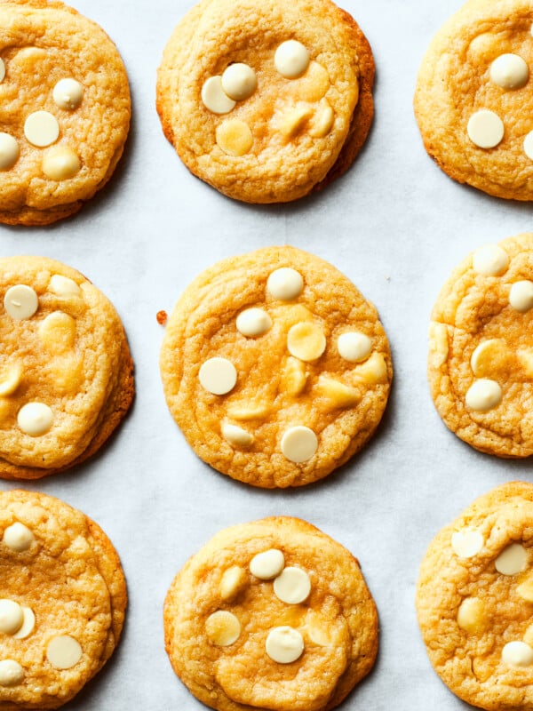Nine cookies arranged neatly on a white background.