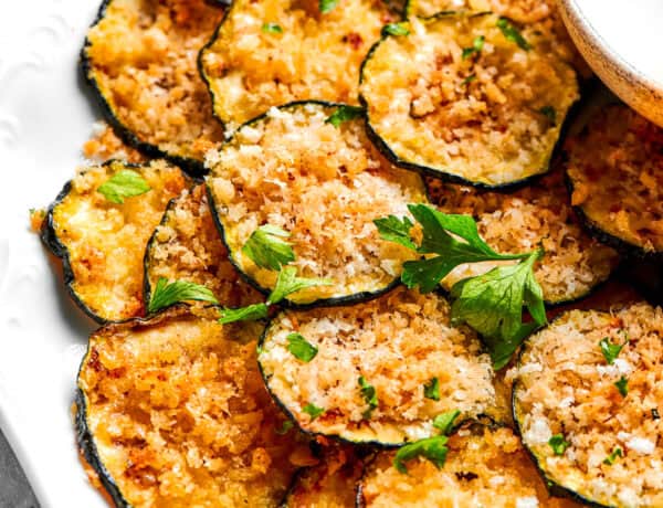 A pile of zucchini chips arranged on a plate.