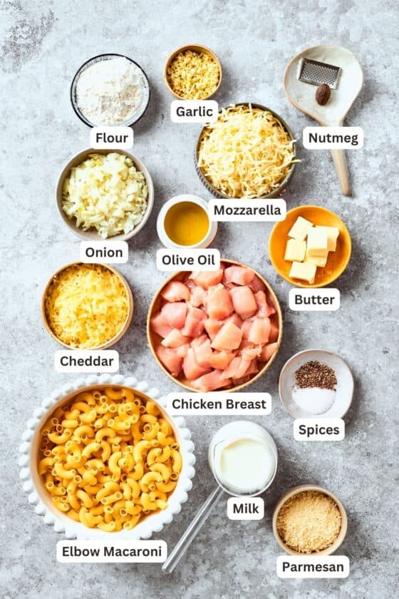 The ingredients for chicken mac and cheese are shown portioned out and labelled: macaroni, chicken, onion, garlic, olive oil, flour, salt and pepper, spices, cheddar cheese, mozzarella cheese, parmesan cheese, milk.