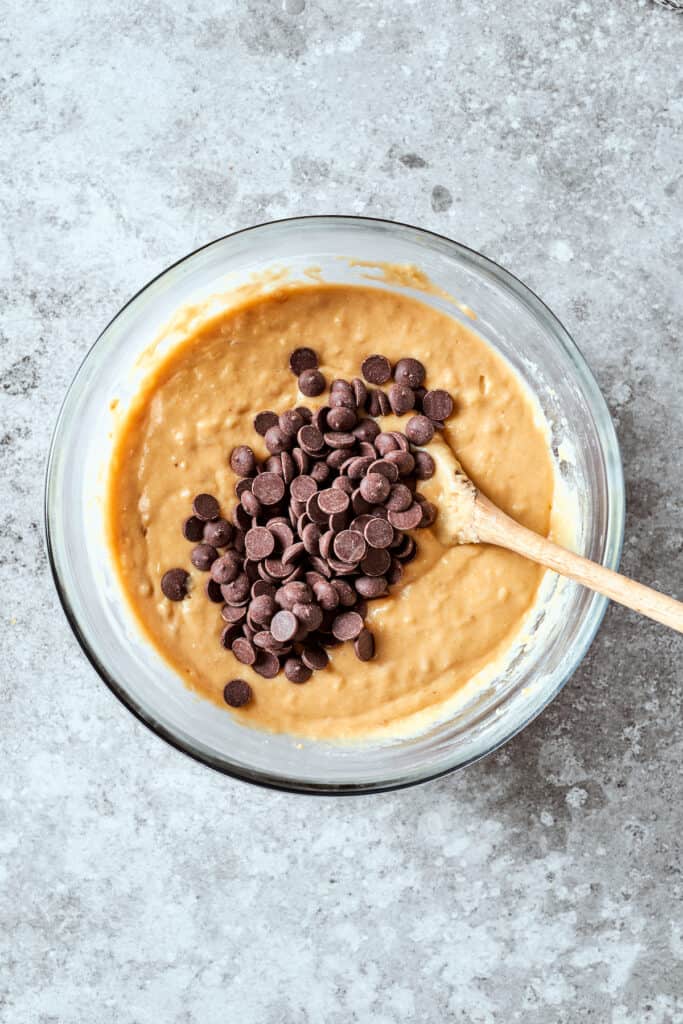 Chocolate chips are added to the banana bread batter.