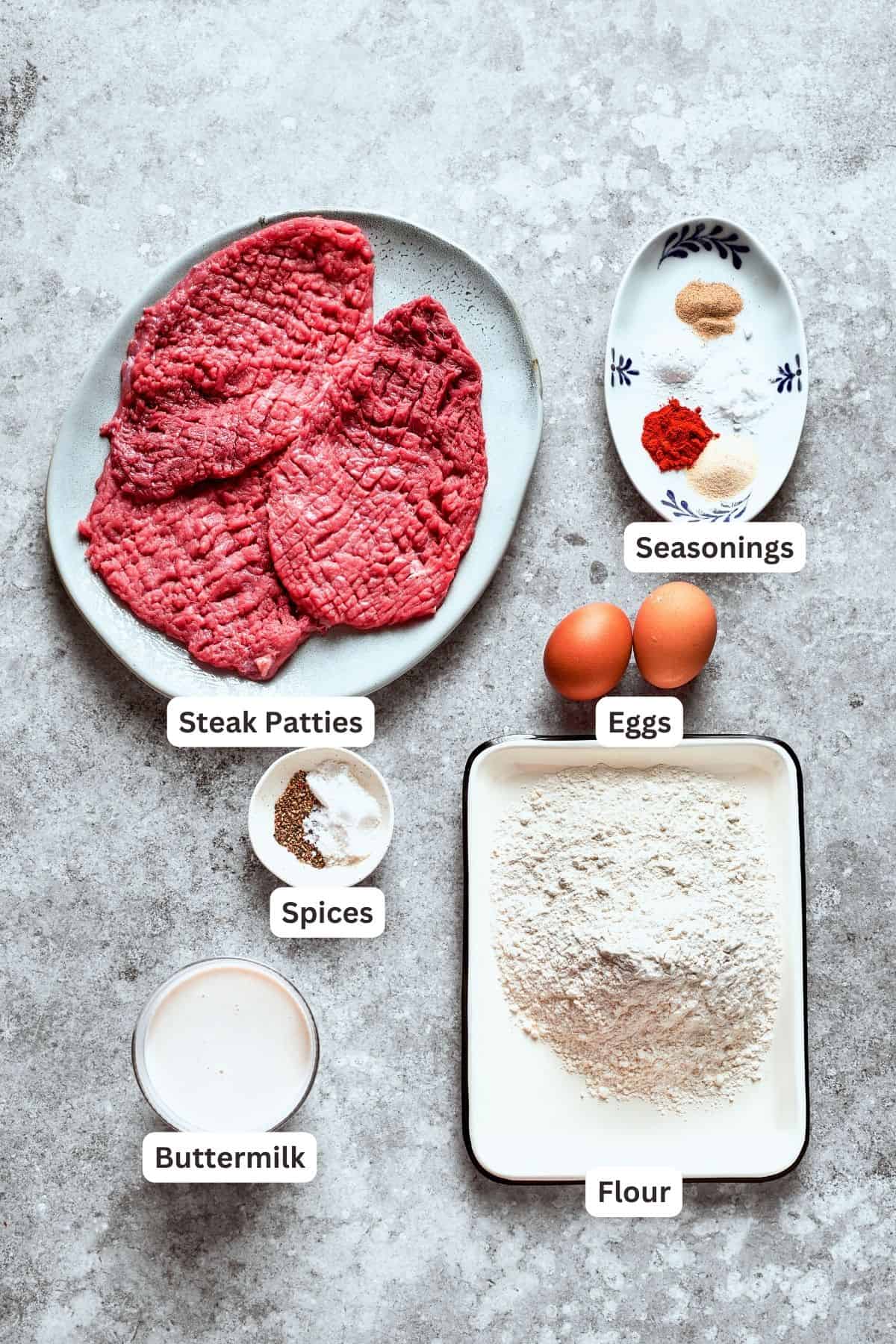 Chicken fried steak ingredients are labeled: steak, eggs, seasonings, flour, spices.