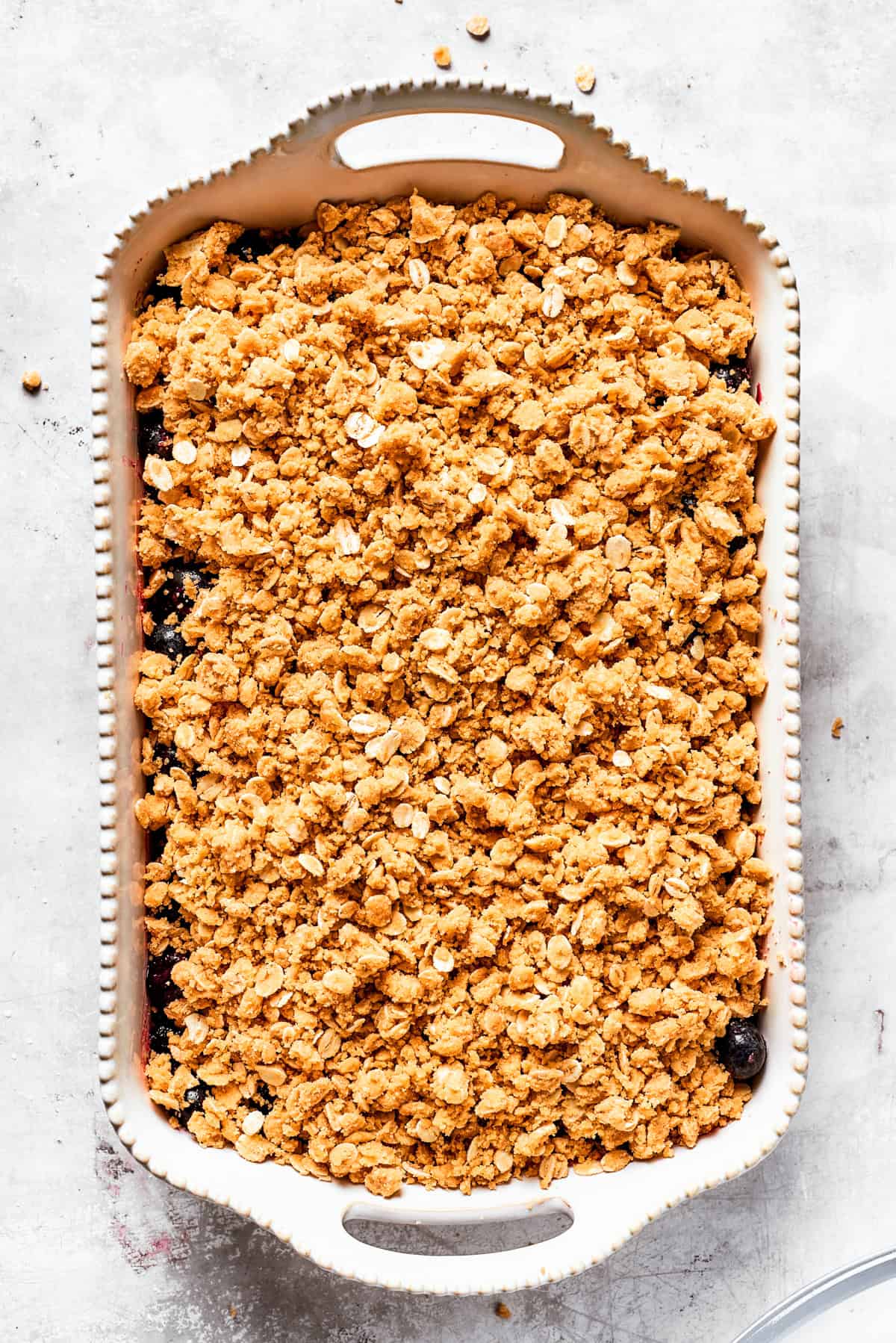 Buttery oats in a baking dish.