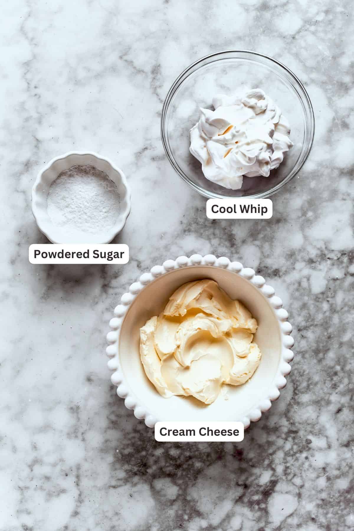 Cream cheese layer ingredients are shown: cream cheese, powdered sugar, cool whip.