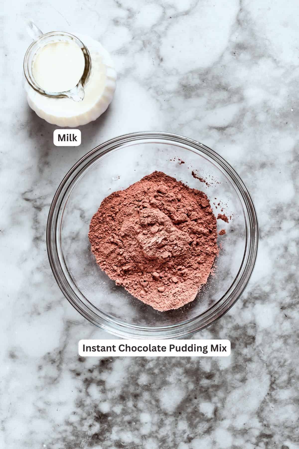 Chocolate pudding layer ingredients are shown: instant chocolate pudding and milk.