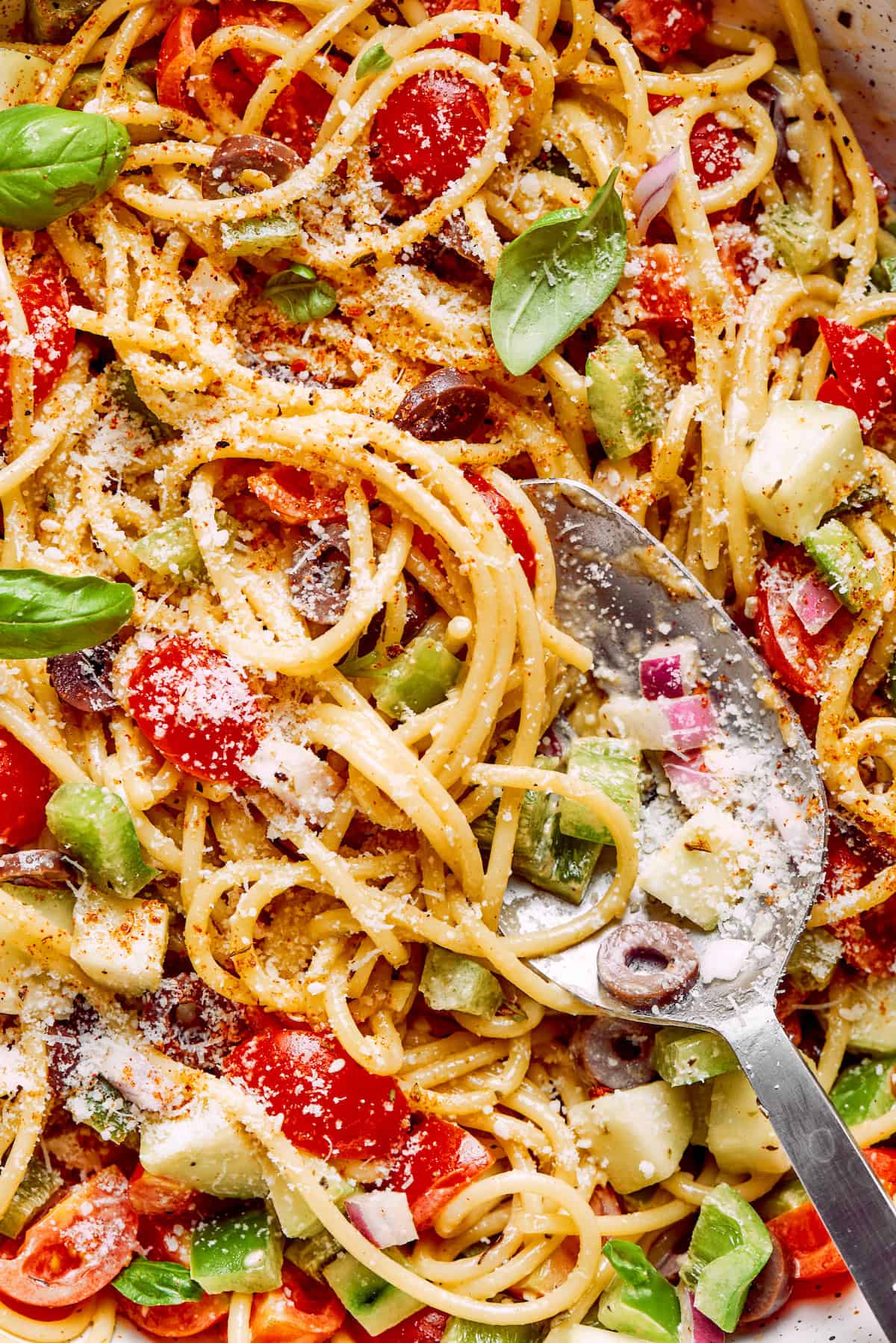 A close up of spaghetti salad shows cheese, noodles, vegetables, and olives.