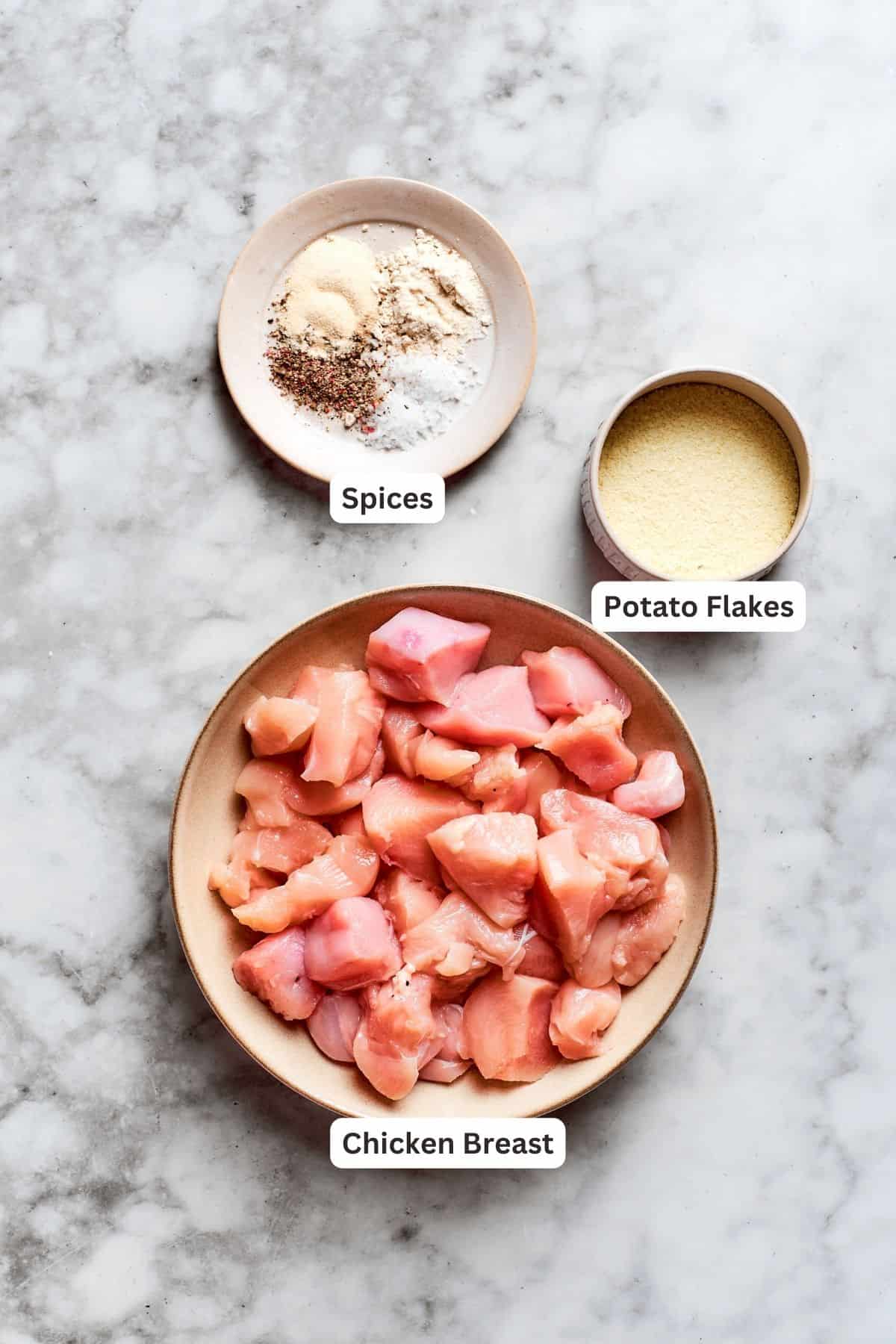 Chicken nugget ingredients: chicken, onion powder, garlic powder.