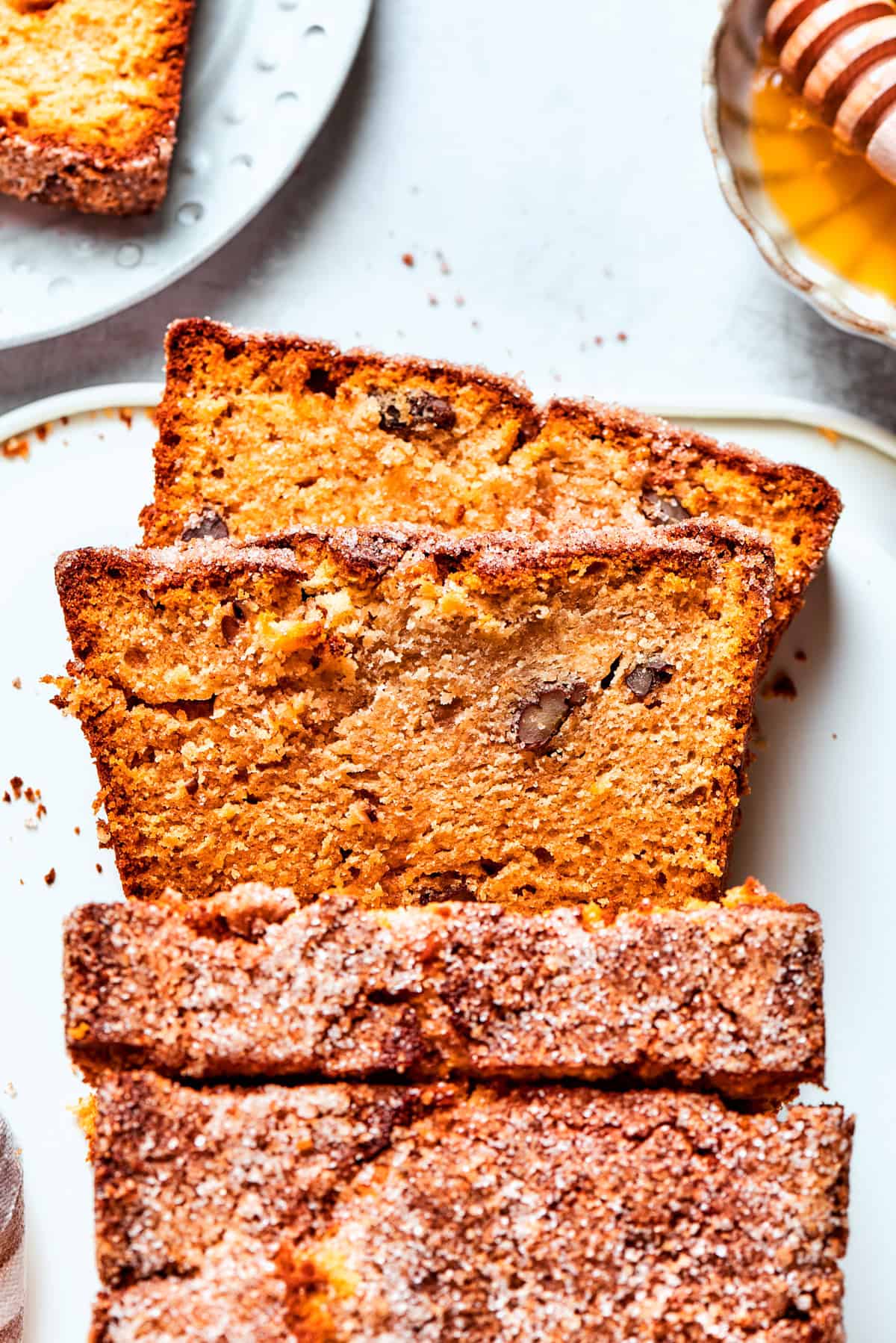 Thick slices of Amish friendship bread on a plate.