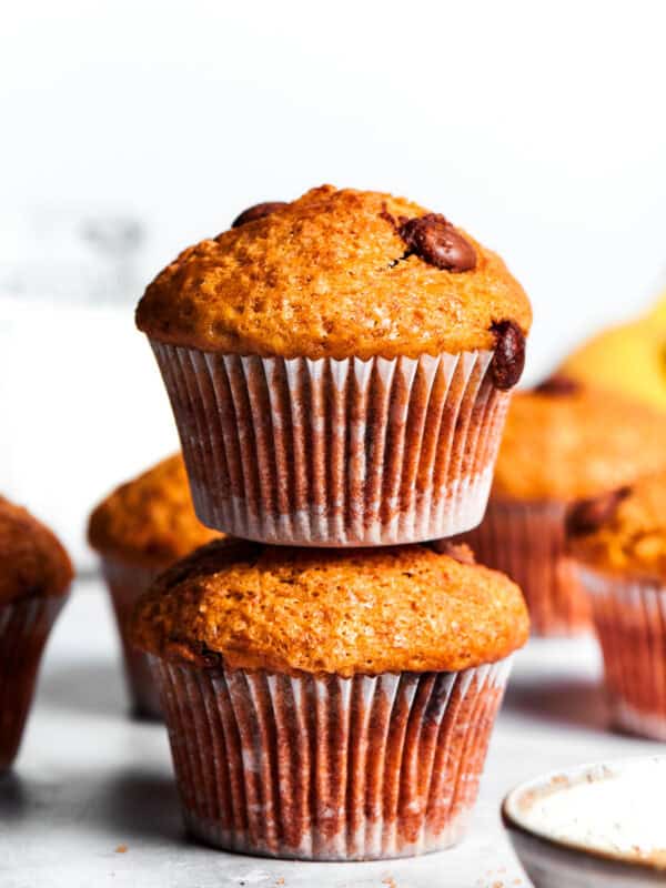 Two banana muffins, one put on top of the other.