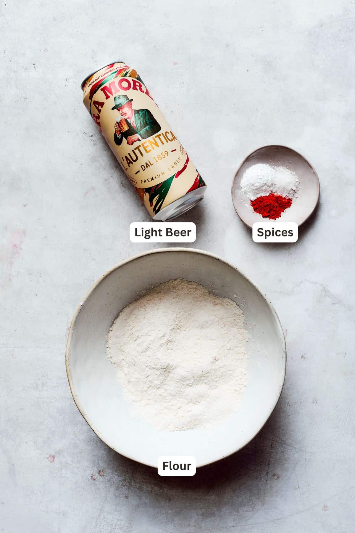 Batter ingredients are labeled: beer, flour, spices.