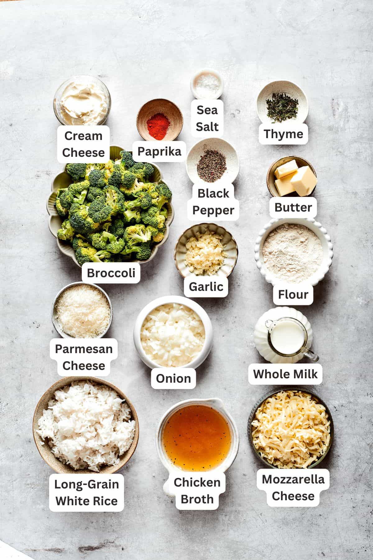 Labeled ingredients for broccoli & rice casserole: broccoli, white rice, paprika, salt and pepper, garlic, flour, thyme, butter, onion, Parmesan, cheddar, mozzarella.