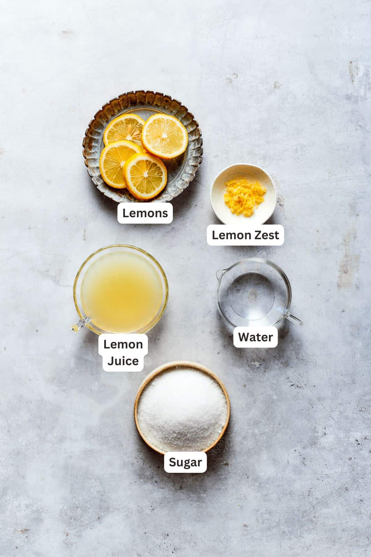 Ingredients for lemon syrup: lemons, sugar, water, lemon juice, lemon zest.