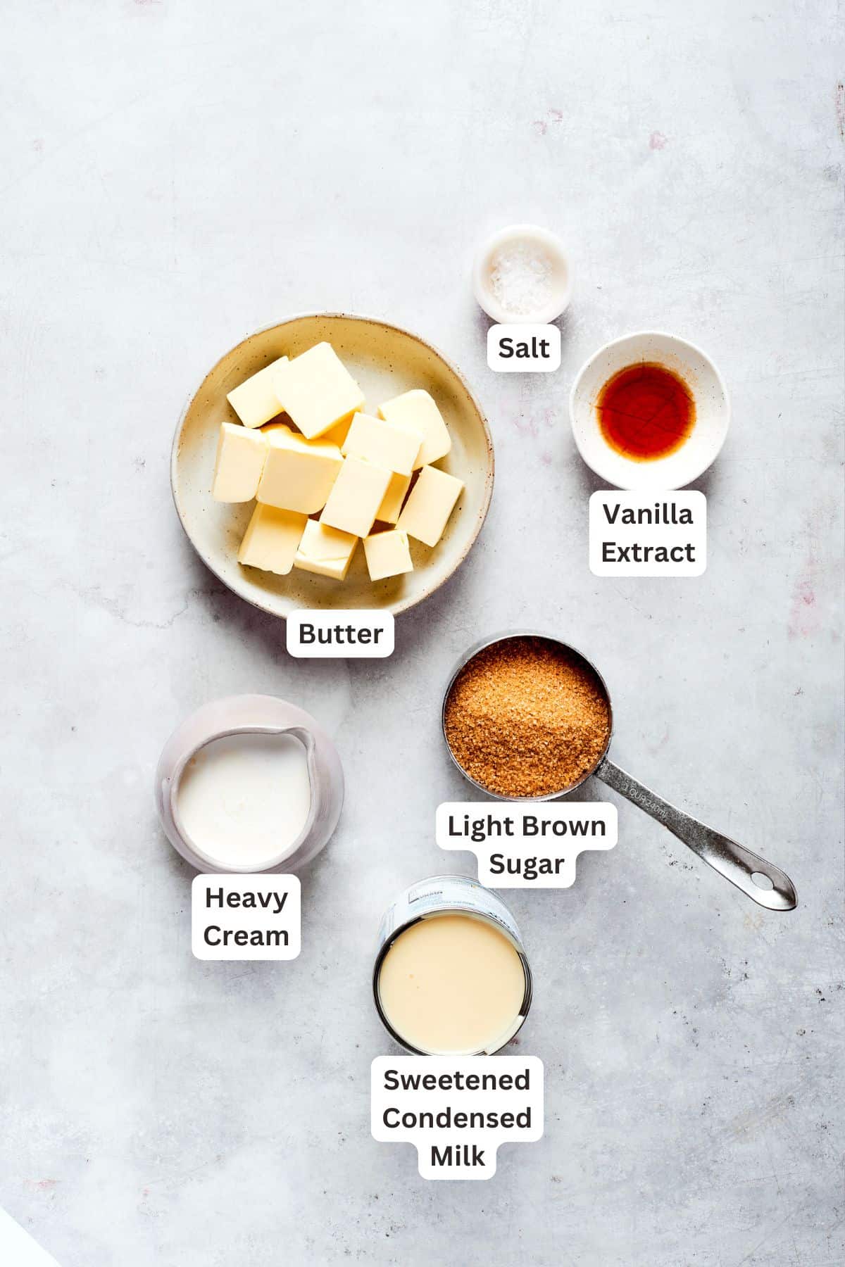 Caramel ingredients labeled: butter, vanilla, light brown sugar, salt, heavy cream, condensed milk.