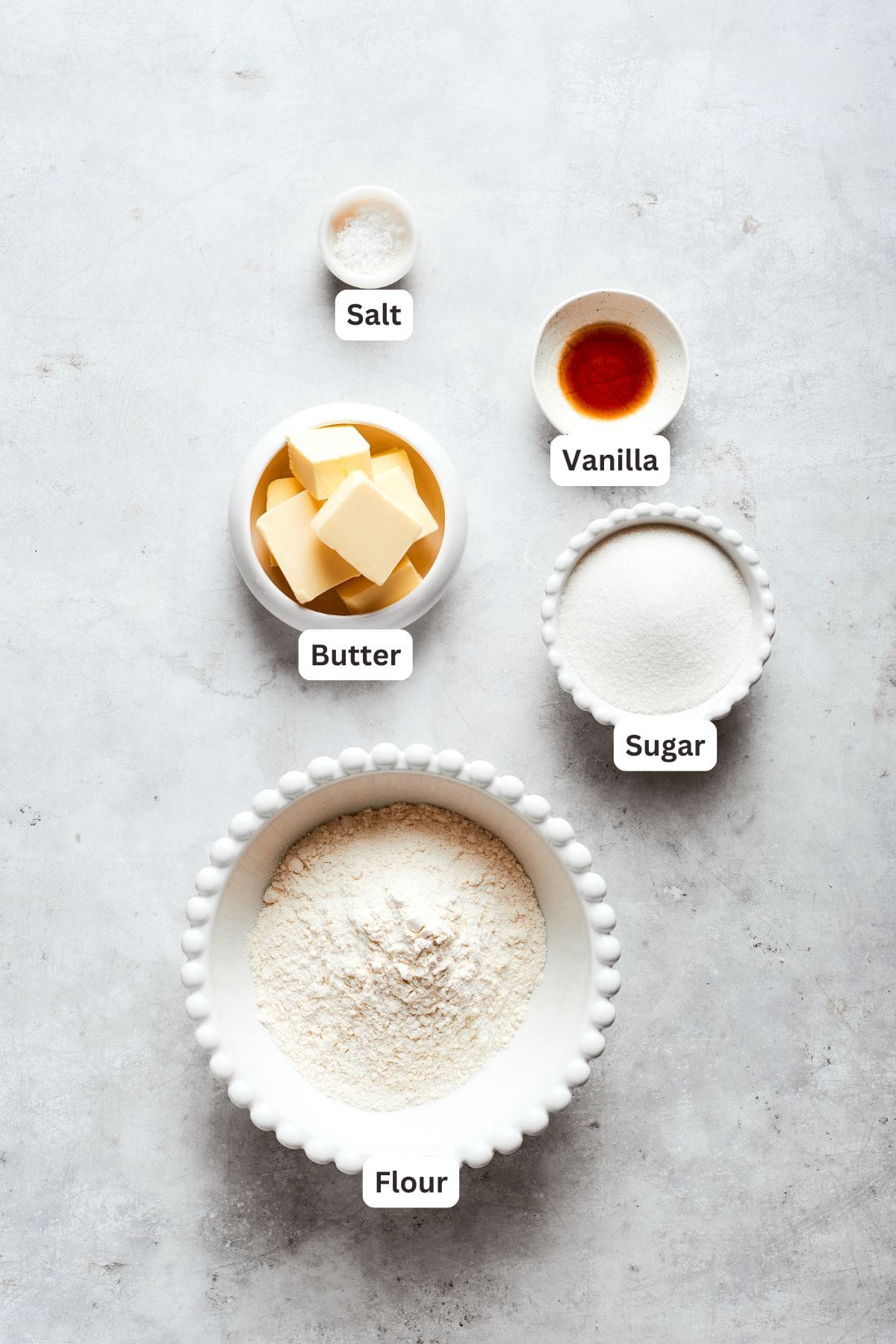 Shortbread labeled ingredients: butter, sugar, vanilla, salt, flour.