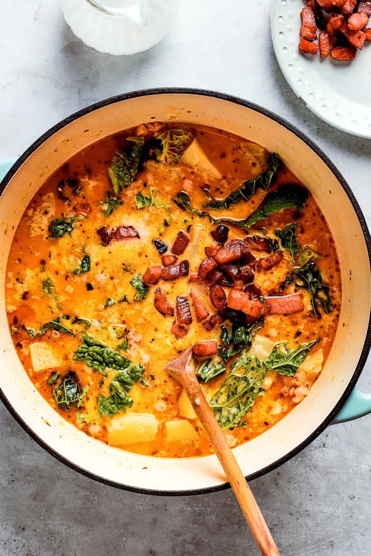 Overhead shot of soup in a pot.